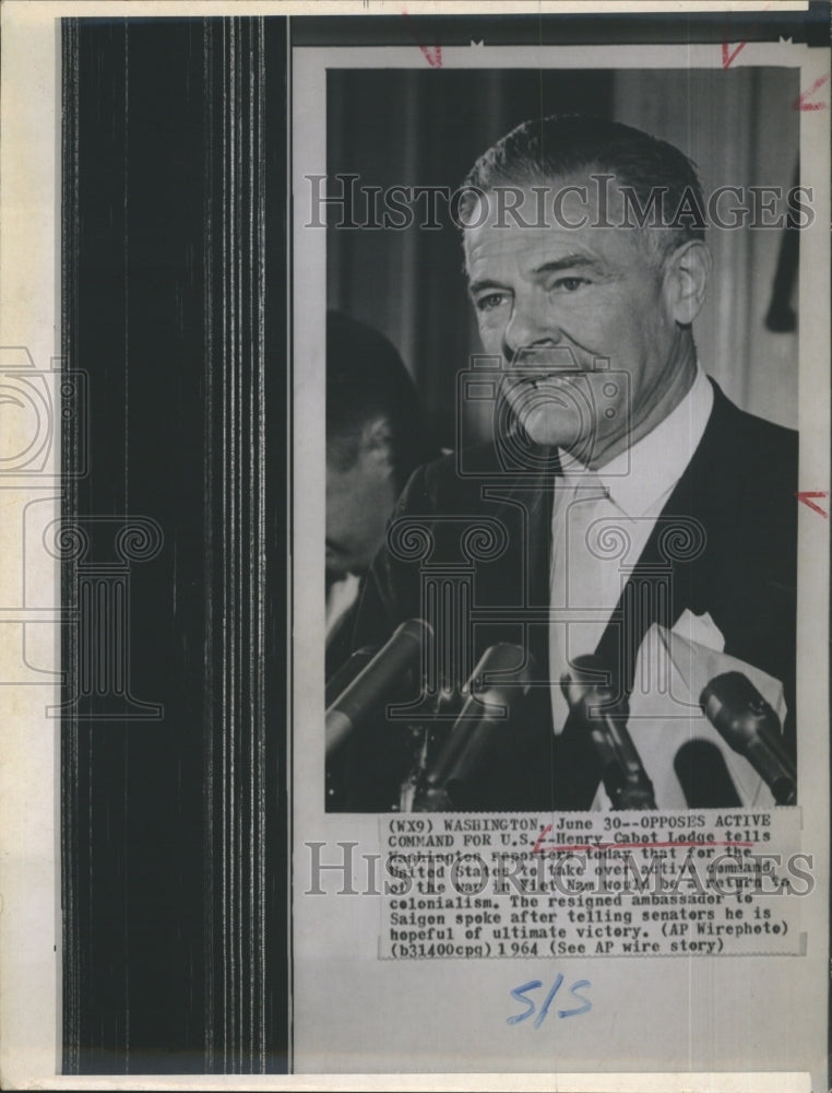1964 Press Photo Resigned ambassador to Saigon Henry Cabot Lodge in Washington. - Historic Images