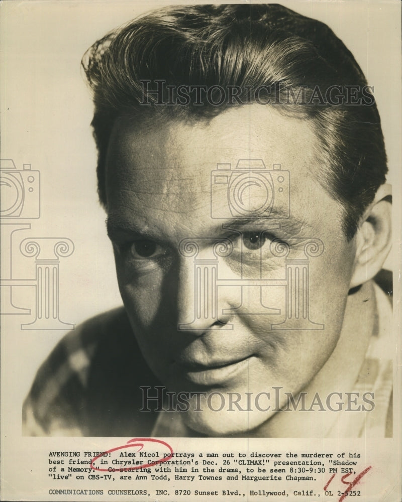 1961 Press Photo Alex Nicol stars as an avenging friend in "Shadow of Memory" - Historic Images