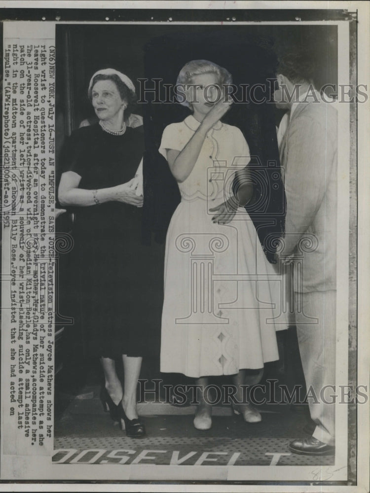 1951 Press Photo Actress Joyce Matthews after her suicide attempt. - RSH38477 - Historic Images