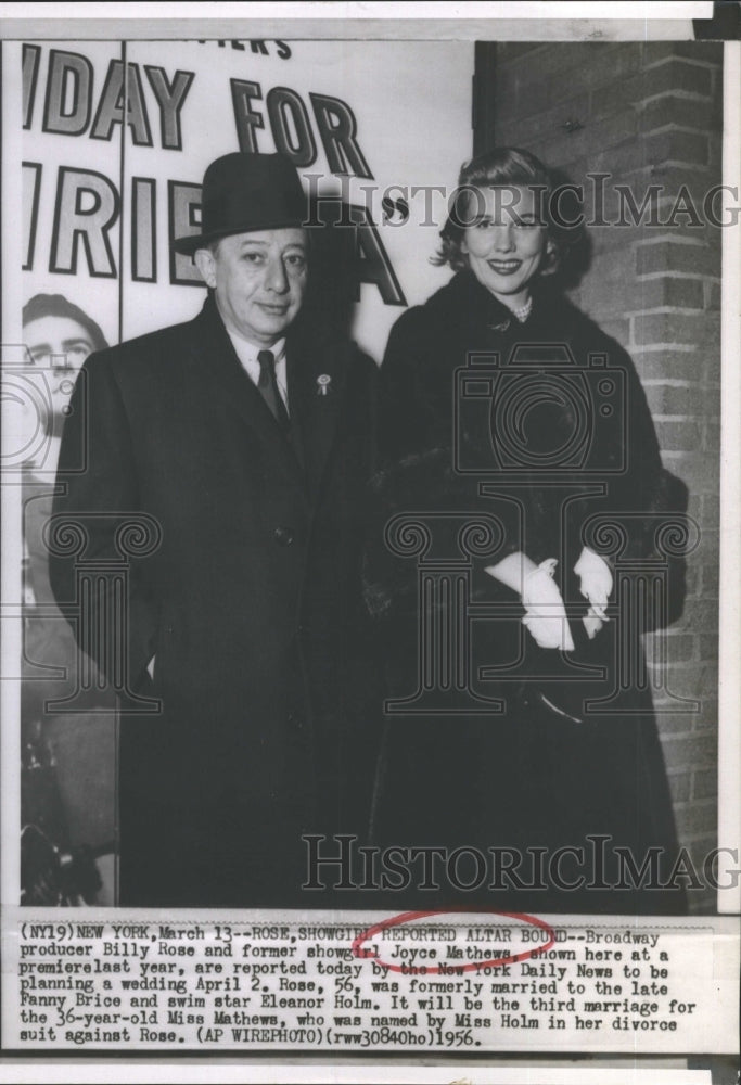 1956 Press Photo Billy Rose and Joyce Mathews are engaged. - Historic Images