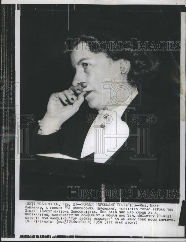 1954 Press Photo Mrs. Mary Markward, testifying against Sen. McCarthy - Historic Images