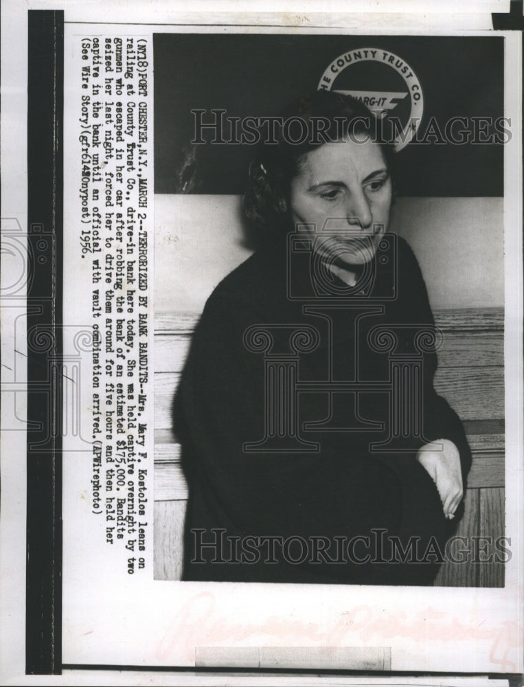 1956 Press Photo Robbery victim Mrs. Mary F. Kostolos at the County Trust Co. - Historic Images