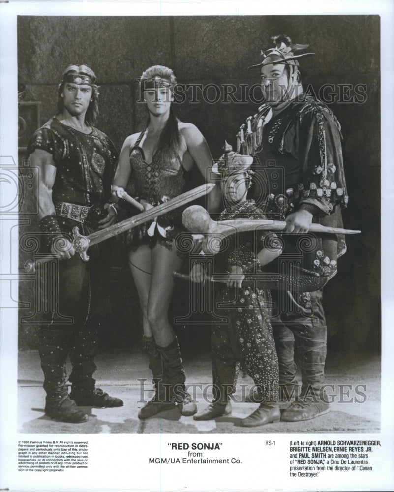1985 Press Photo "Red Sonja" Movie Cast Arnold Schwarzenegger & Brigitte Nelson - Historic Images