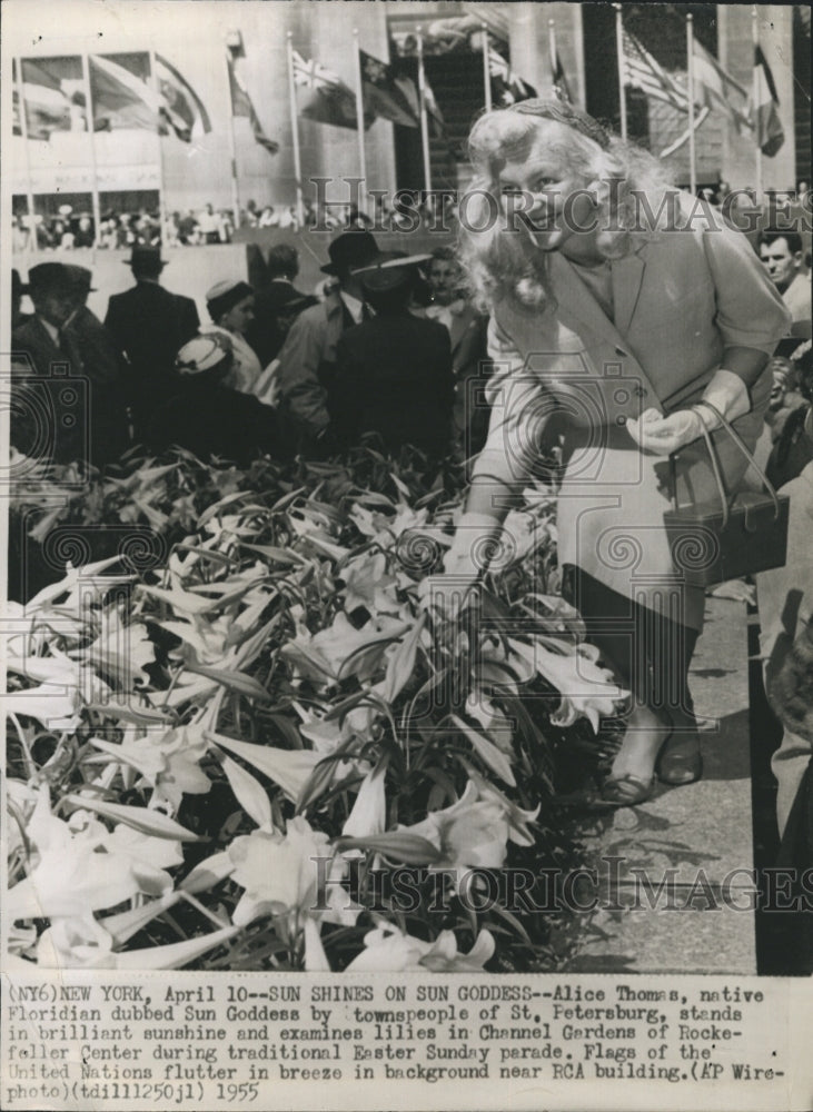 1955 Press Photo Sun Goddess, Alice Thomas examines lilies at Chanel Gardens - Historic Images