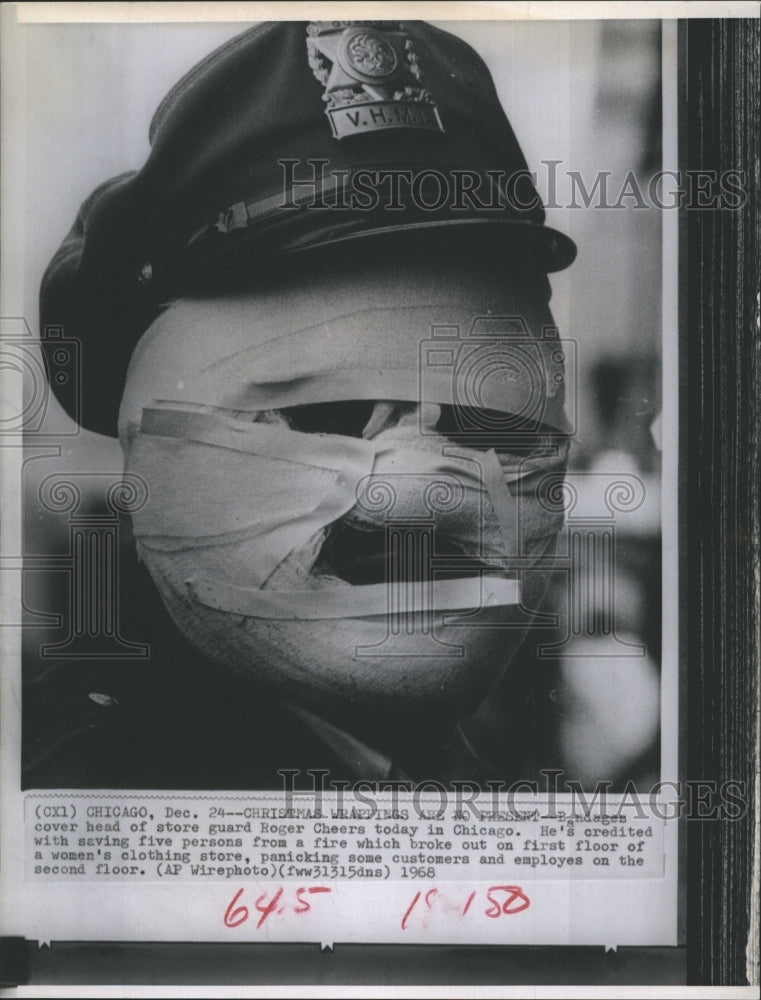 1968 Bandages Cover Store Guard's Head Injured in Fire Chicago - Historic Images