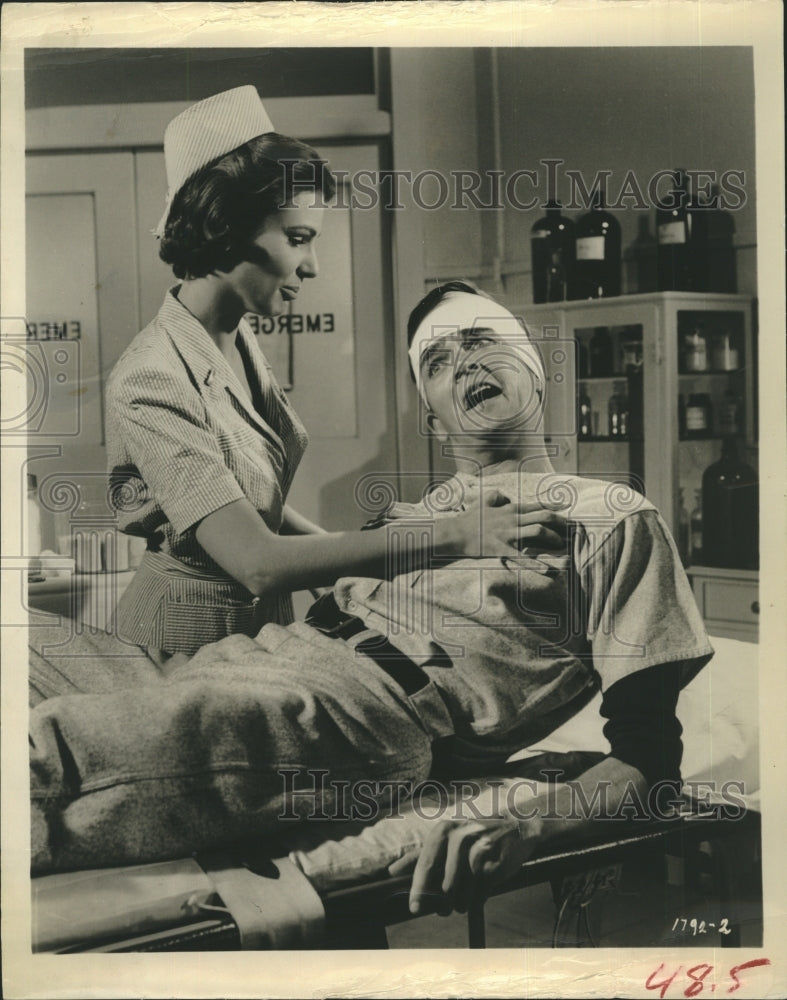 1962 Actress Paul Prentiss and Actor Jim Hulton, on set.  - Historic Images