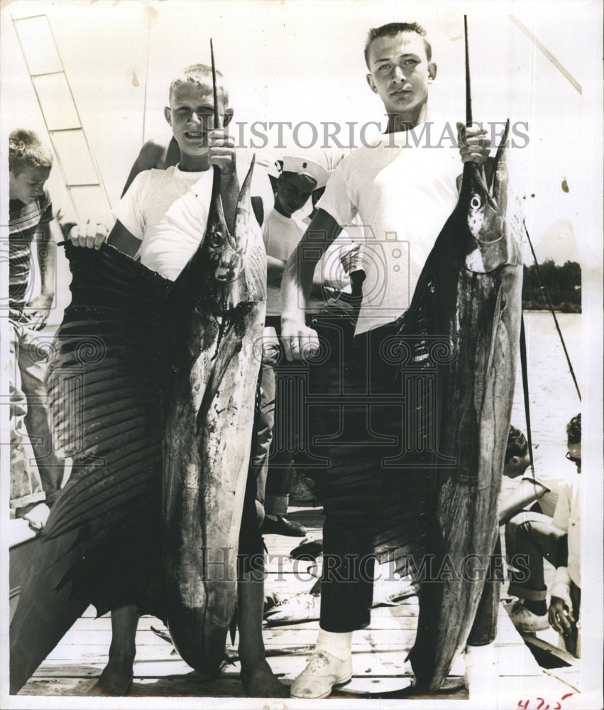 1963 Ken Prymula and (left) David Albertson with swordfish. - Historic Images