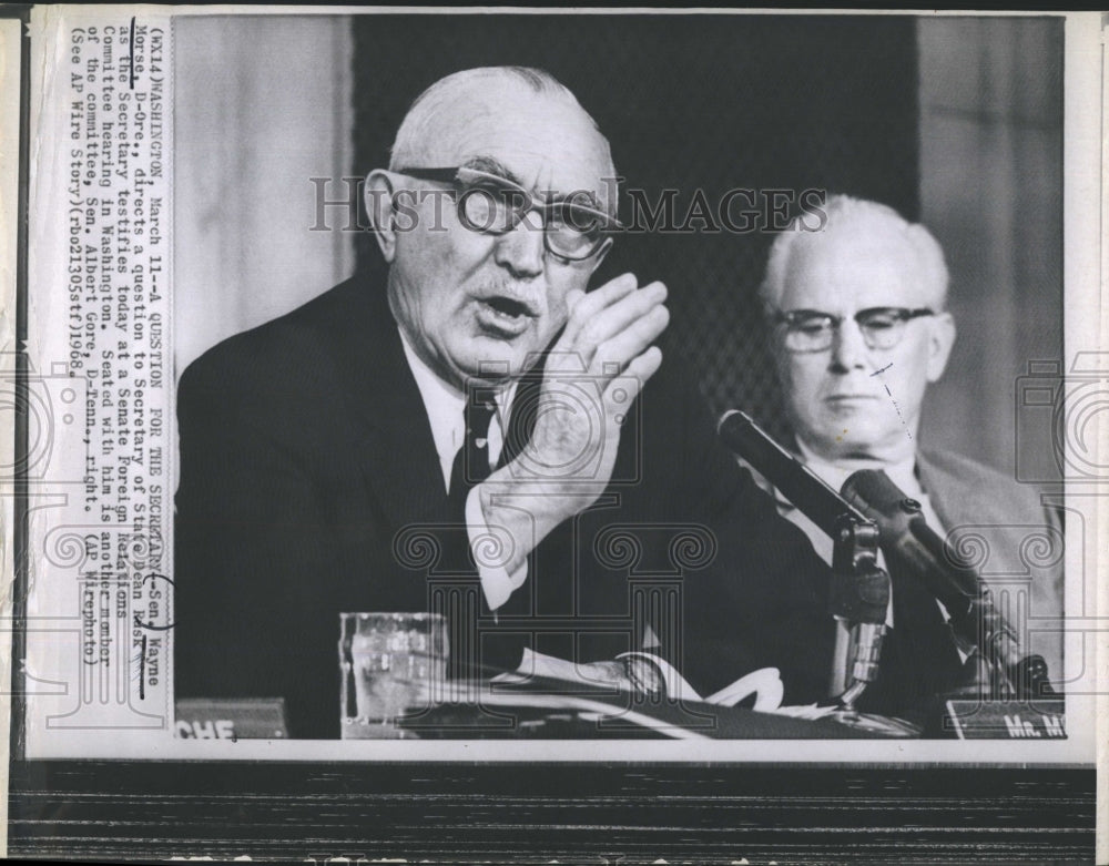 1968 Sen. Wayne Morse directs a question to Secretary of State Dean - Historic Images