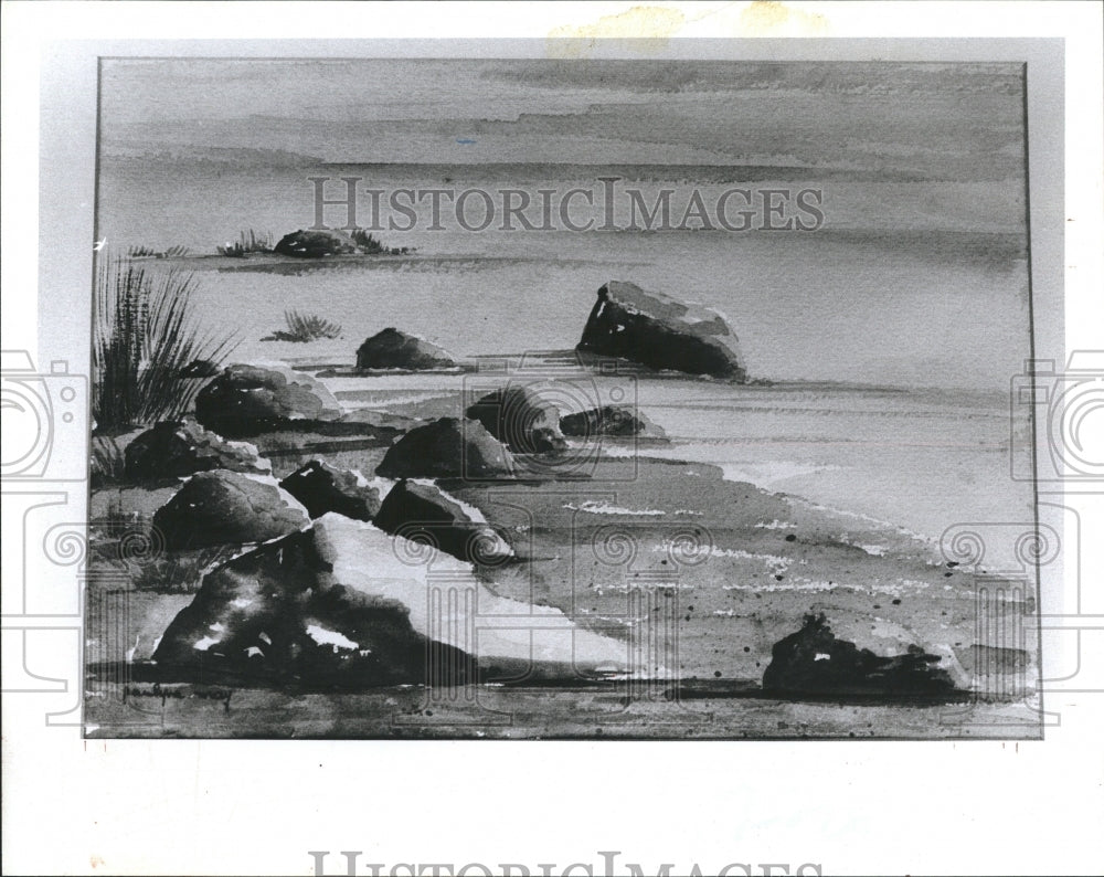 1983 Artist Paulyne May painting of rocks on a beach.  - Historic Images