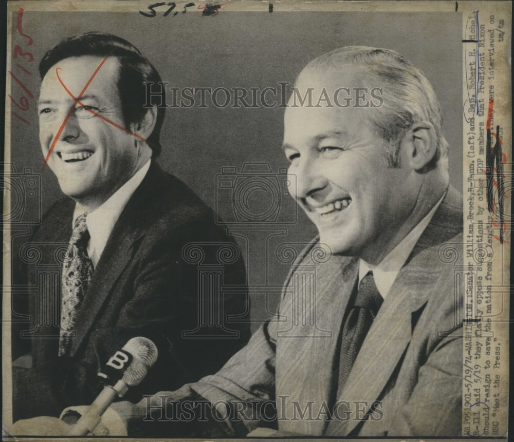 1974 Sen.William Brock Rep Robert Michel Oppose GOP Nixon Resign - Historic Images