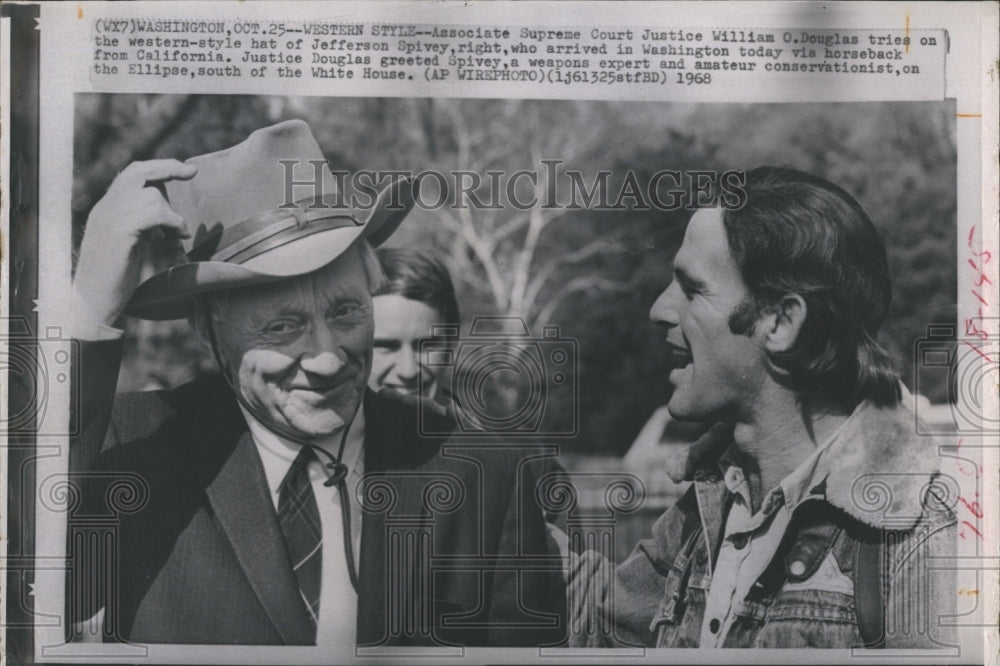 1968 William O. Douglas Supreme Court Justice on western-style hat. - Historic Images