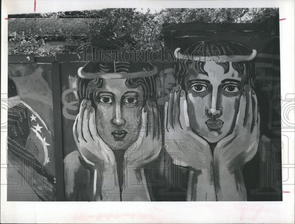 1972 Painting by Irene Douglas of two faces  - Historic Images