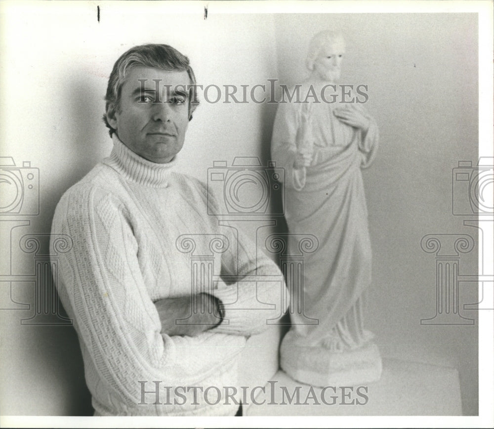 1980 Bradley Pierce with Statue of St Joseph Holy Apostles Seminary - Historic Images