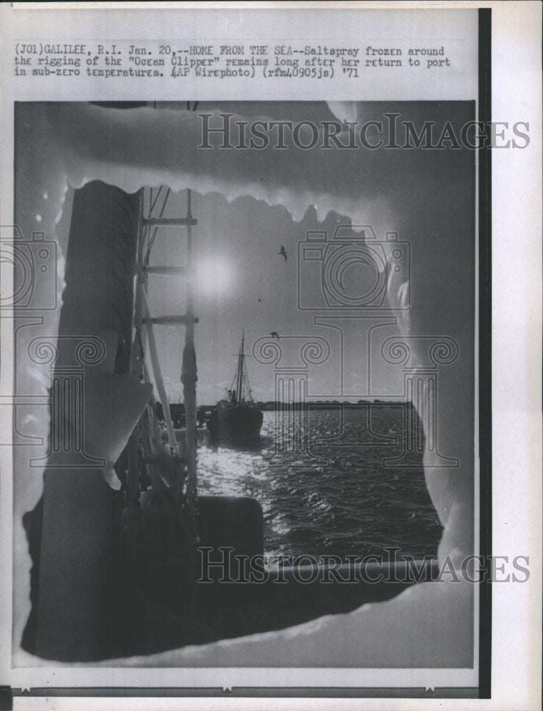 1971 Salt spray frozen on the "Ocean Clipper', on way to port. - Historic Images