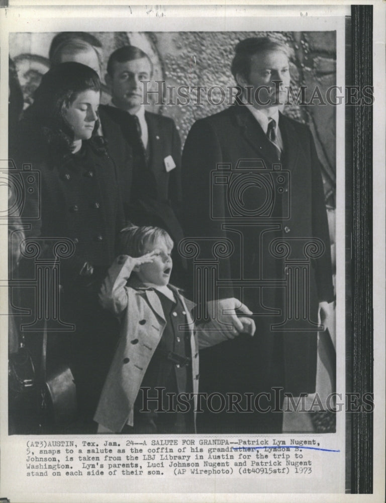 1973 Patrick Lyn Nugent salutes coffin of Lyndon B. Johnson - Historic Images