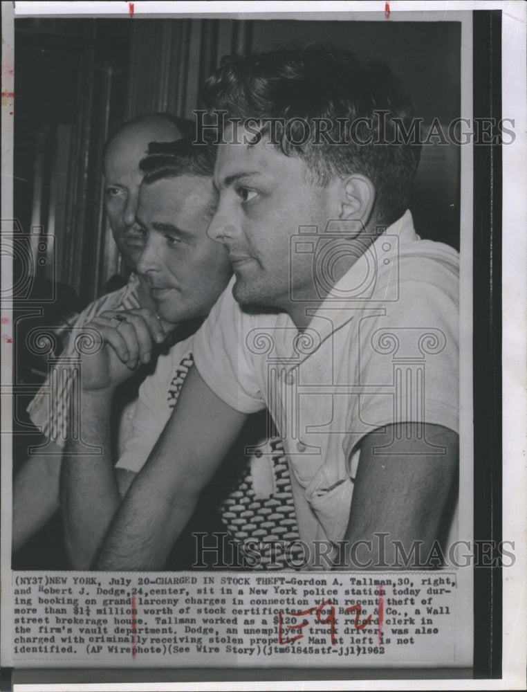 1962 Gordon Tallman and Robert Dodge charge for theft of stock cert. - Historic Images
