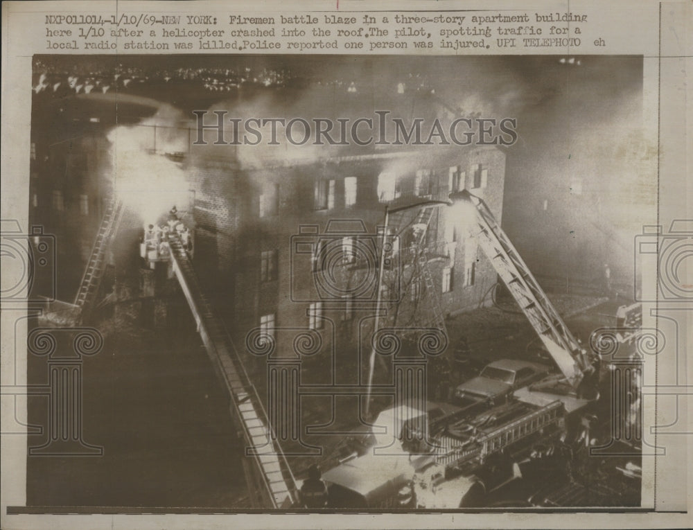 1969 NY, 3 story apt. Bldg on fire after a helicopter crashed in - Historic Images