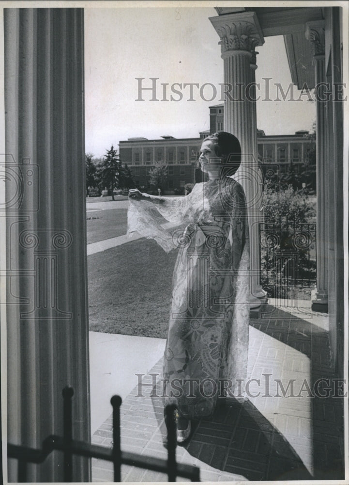 1969 Mrs. Donald Lozoto modeling a Malcolm Starr Print Gown - Historic Images