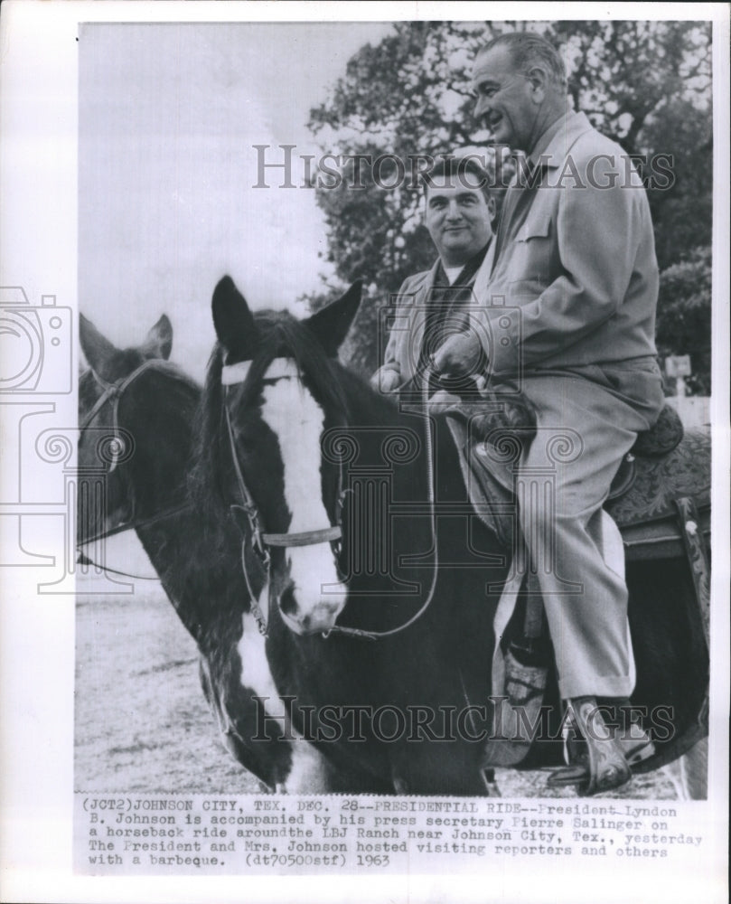 1963 Pres. Johnson and Sec.Salinger on horseback riding. - Historic Images