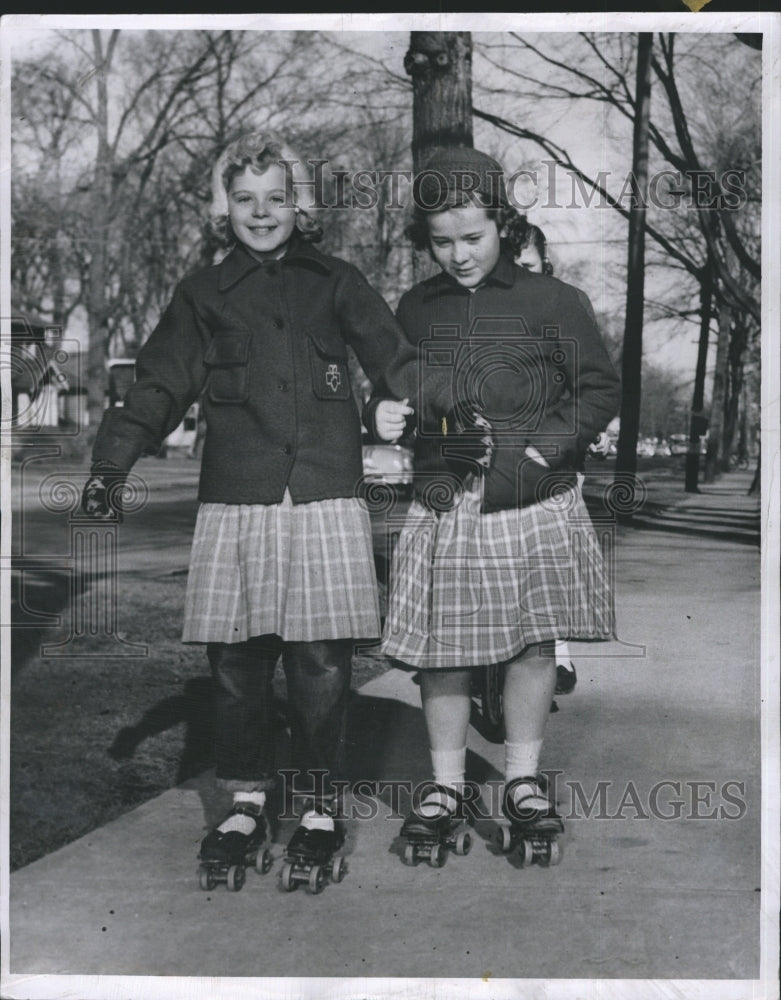 1954 Ten-Year-Olds Gale Sherman Patsy Rinn Roller Skate Front Walk - Historic Images