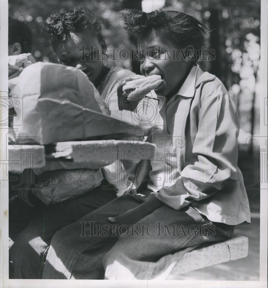 1954 Kids eating lunch at camp in Michigan  - Historic Images