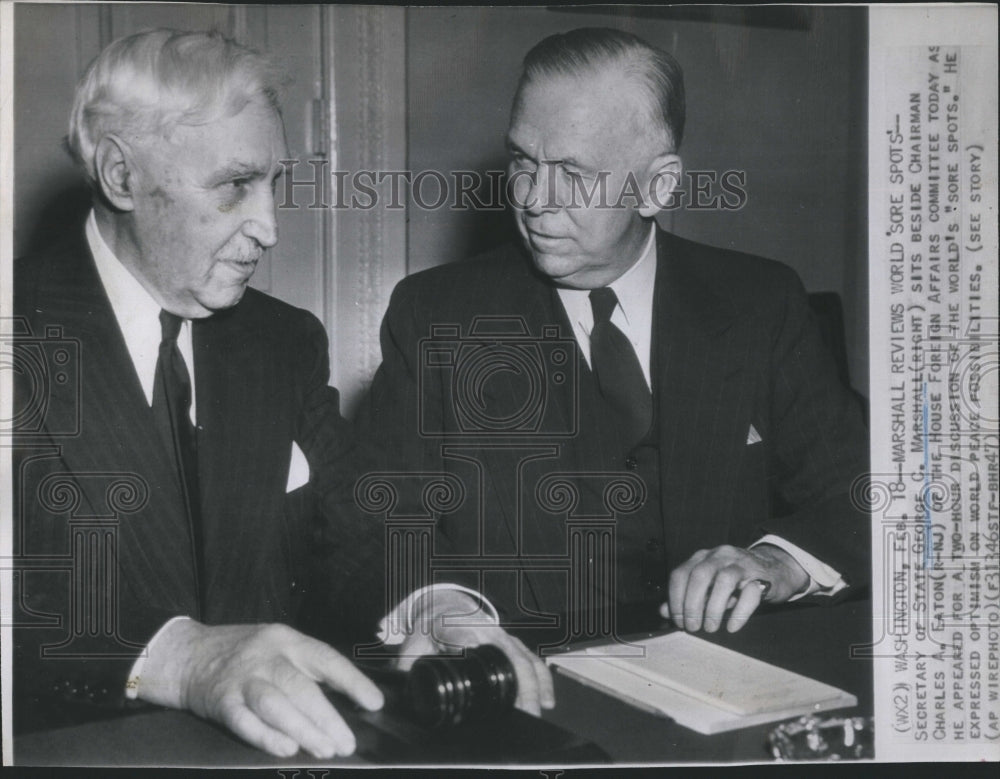 1947 Secy of St. George Marshall, talks with Charles A. Eaton - Historic Images