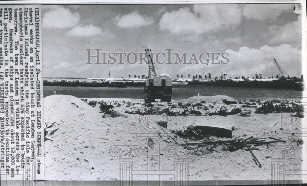 1962 Shovel works on isolated beach at London Lagon Christmas Island - Historic Images