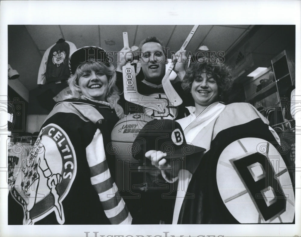 1991 Boston Bruins &amp; Celtics Fans Wearing Sports Team Jerseys - Historic Images
