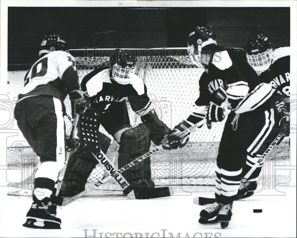 1982 Harvard goalie Cheryl Tate blocks shot  - Historic Images
