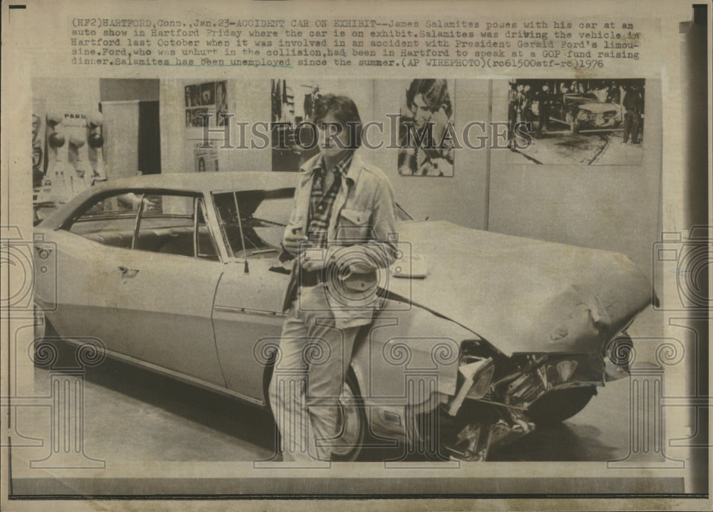 1976 James Salamites poses with car in Hartford auto show - Historic Images