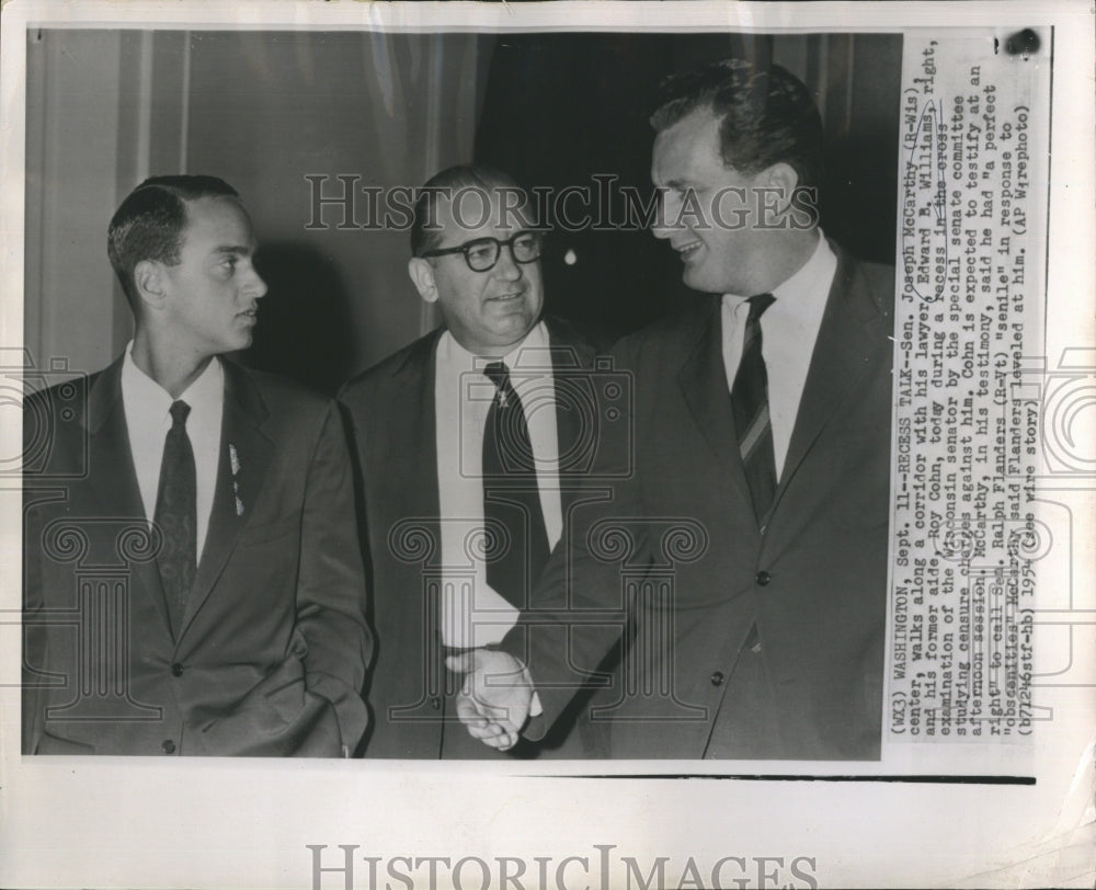 1954 Sen Joseph McCarthy w/ his lawyer Edward Williams & Roy Cohn - Historic Images