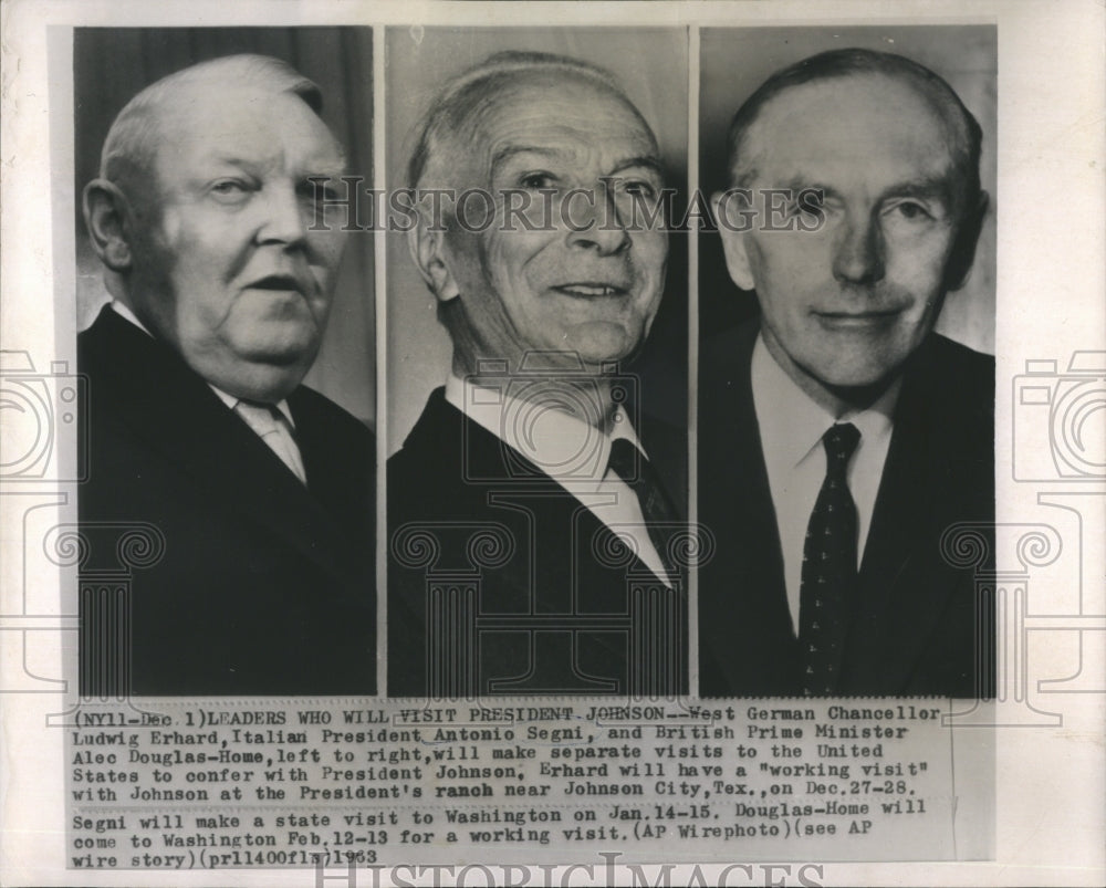 1963 W. German Chancellor Ludwig Erhard, Italian Pres.Antonio Segni - Historic Images