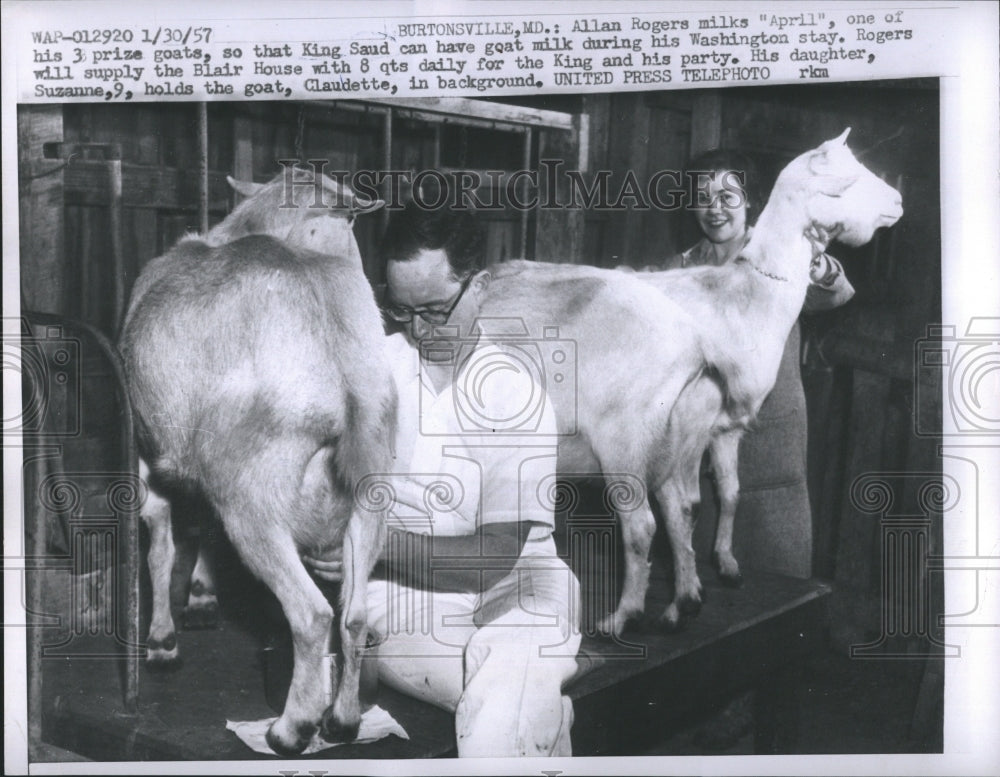 1957 Allan Rogers milks "April" with daughter Suzanne - Historic Images