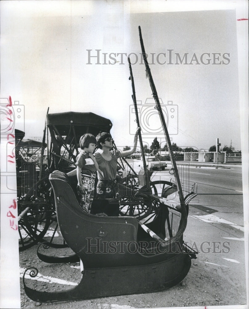 1973 Little Girl &amp; Mother Sitting in Antigue Buggy in Seminole FL - Historic Images
