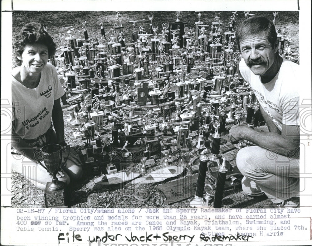 1987 Sperry & Jack Rademaker winning trophies & medals for 25 years - Historic Images