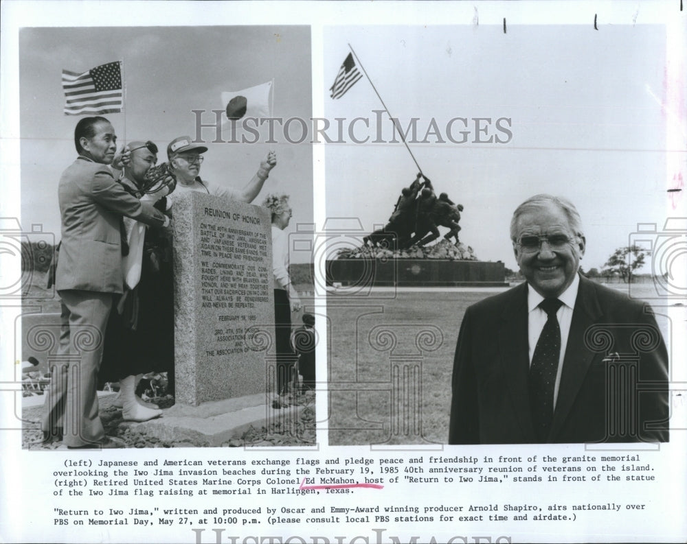 1983 Press Photo Ed McMahon tells the story of American and Japanese Veterans. - Historic Images