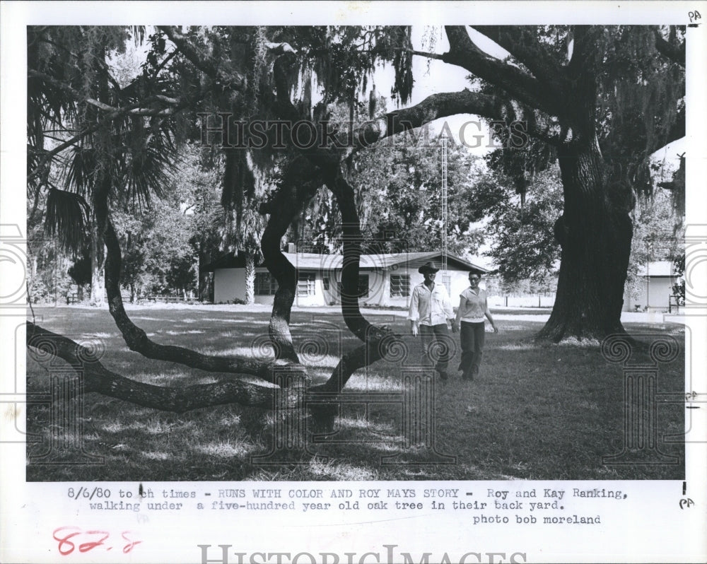 1980 Whittler Roy Ranking with wife Kay under 500 Year old Oak Tree - Historic Images