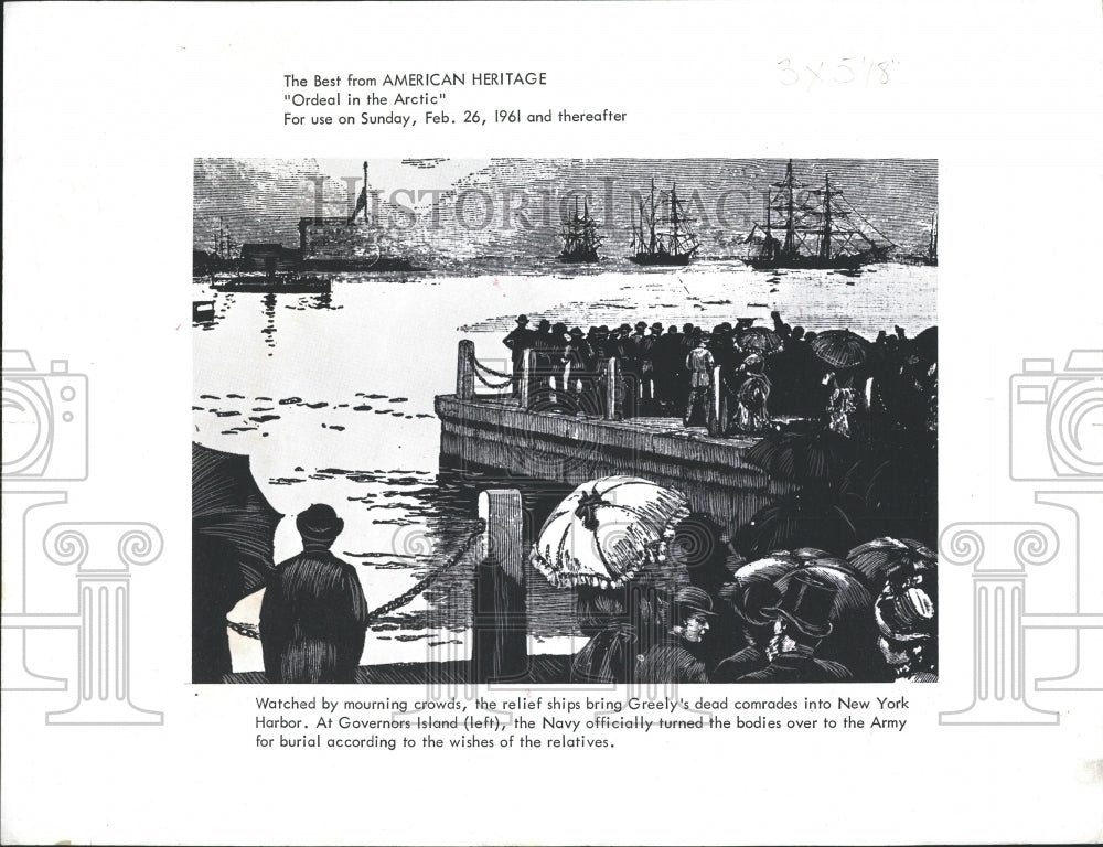 1961 Sketch of Greely's dead comrade being returned to harbor. - Historic Images
