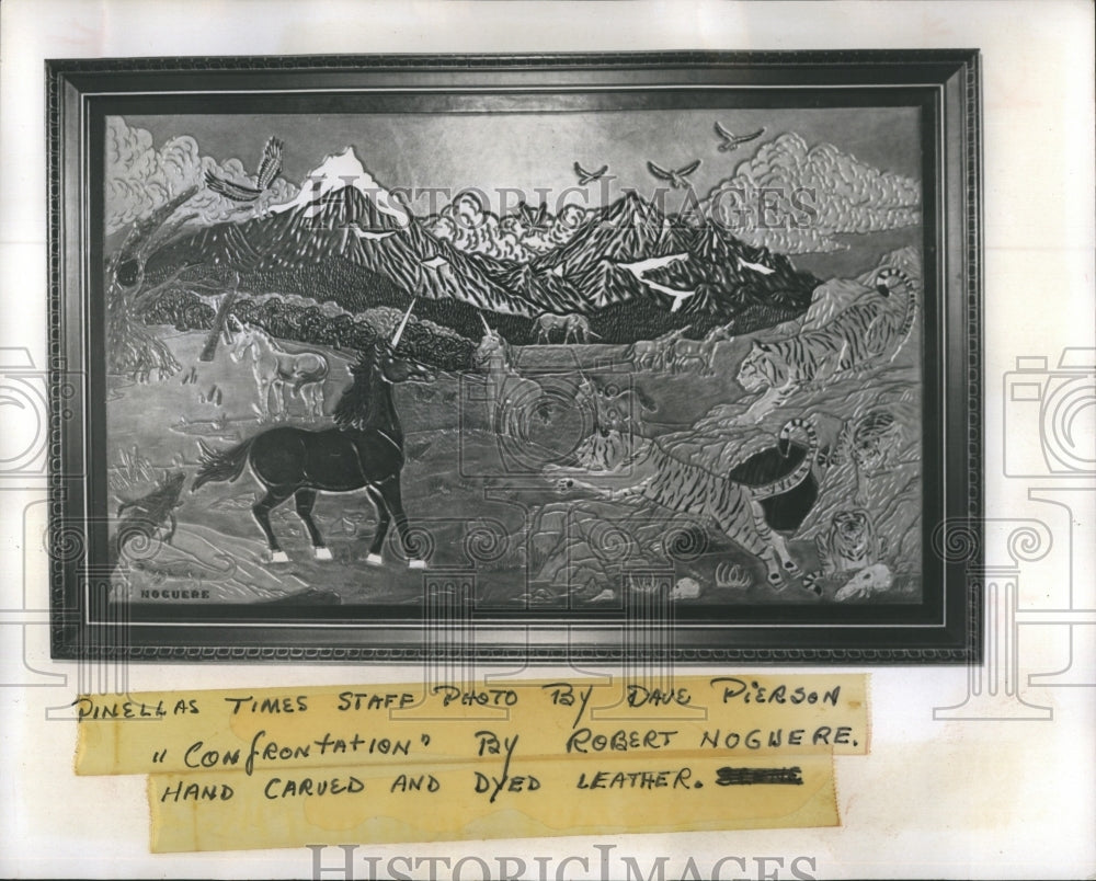 Press Photo Hand Carved Dyed Leather Picture &quot;Confrontation&quot; Robert Noguere - Historic Images