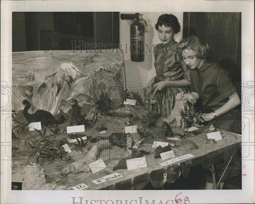 1958 Carolyn Prescott and Margaret Slanigan at City Science Fair - Historic Images