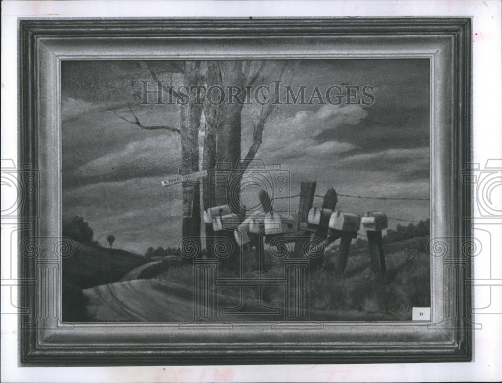 1968 Artist Frank Hawkins painting "The Mail Corner" - Historic Images