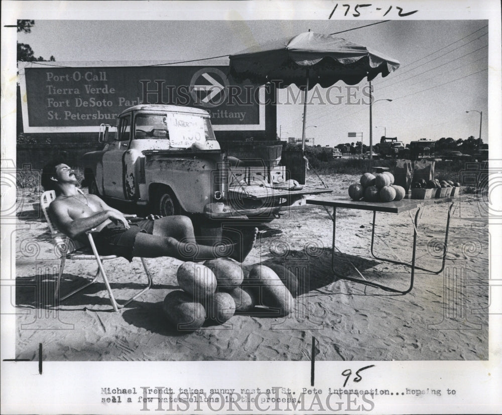 1977 Michael Arendt Dozes With His Watermelon Stand - Historic Images