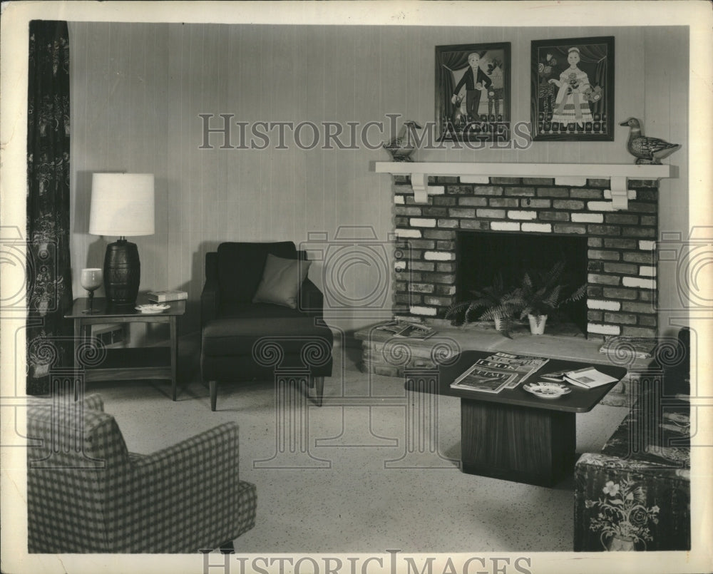 1963 Potted plants at Fireplace. - Historic Images