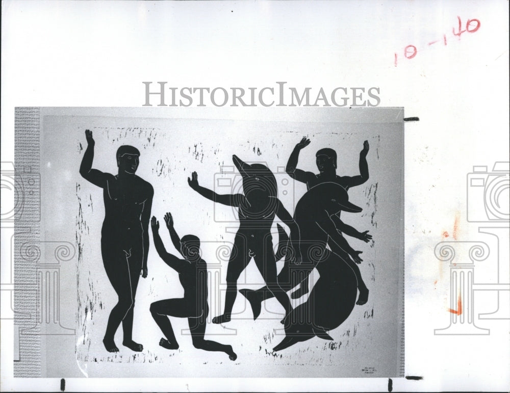 1981 Linoleum block print "Dolphins and Men" by artist Otto Neumann. - Historic Images