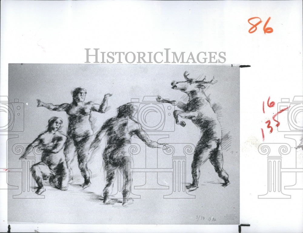 1981 "Study for Alpha to Omega" pen and ink drawing by Otto Neumann - Historic Images