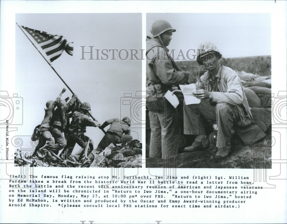 Press Photo Flag raising at Iow Jima, Mt. Suribachi, Sgt. William Purdam - Historic Images
