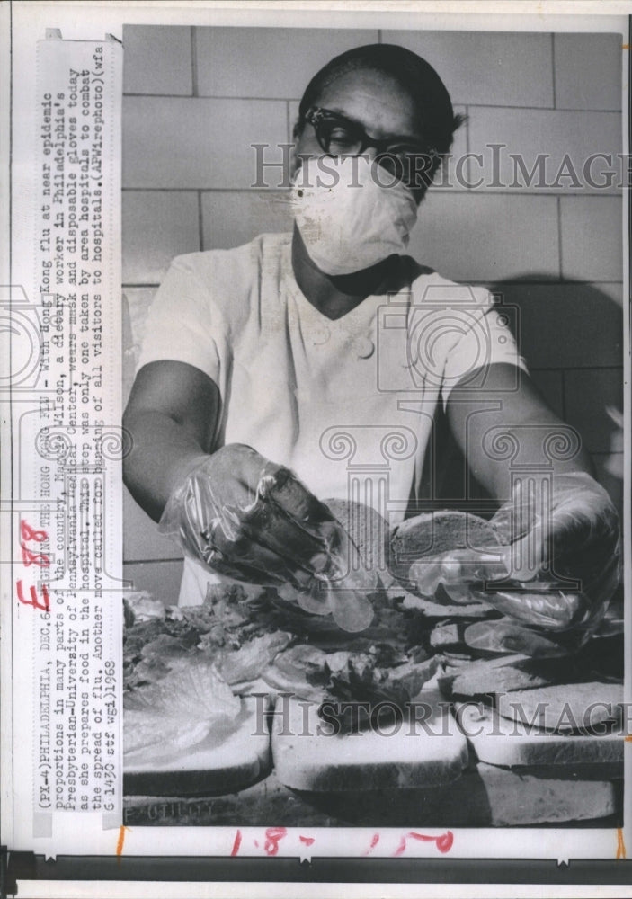 1968 Dietary Maggie Wilson protects Liverwurst from Flu Germs. - Historic Images