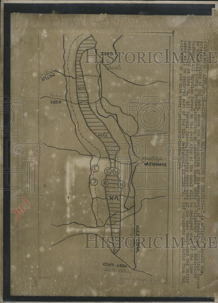 1974 Israel map shows demarcation of disengagement. - Historic Images