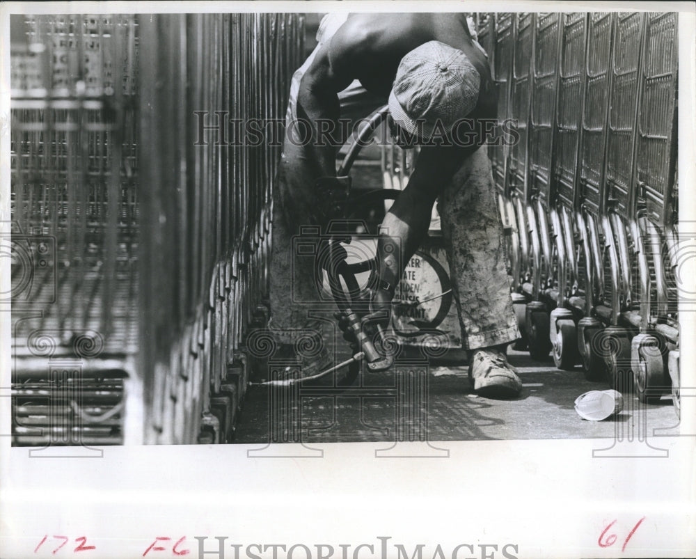 1968 Man Shopping Carts Grocery Store - Historic Images