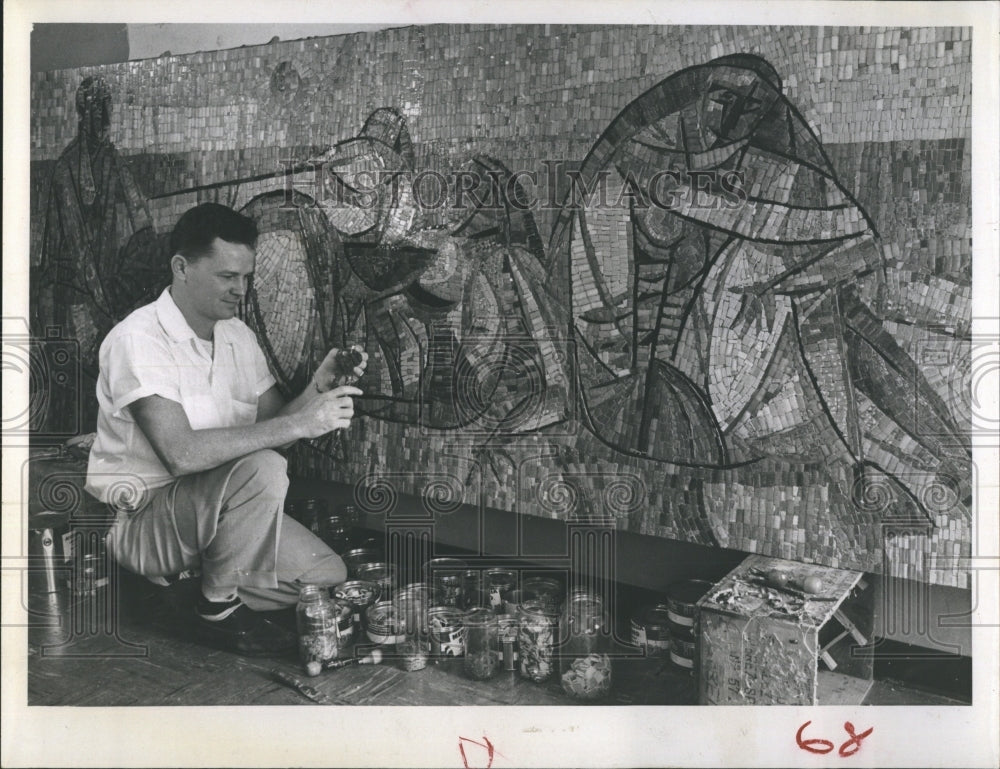 1958 Harold Nosti Applies Finishing Touches On Mosaic Mural - Historic Images